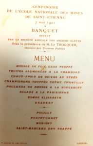 Menu du banquet du Centenaire © Mines Saint-Étienne Alumni